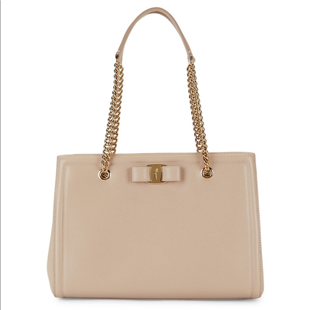 Salvador Ferragamo Beige Leather Bag w/ Gold Chain